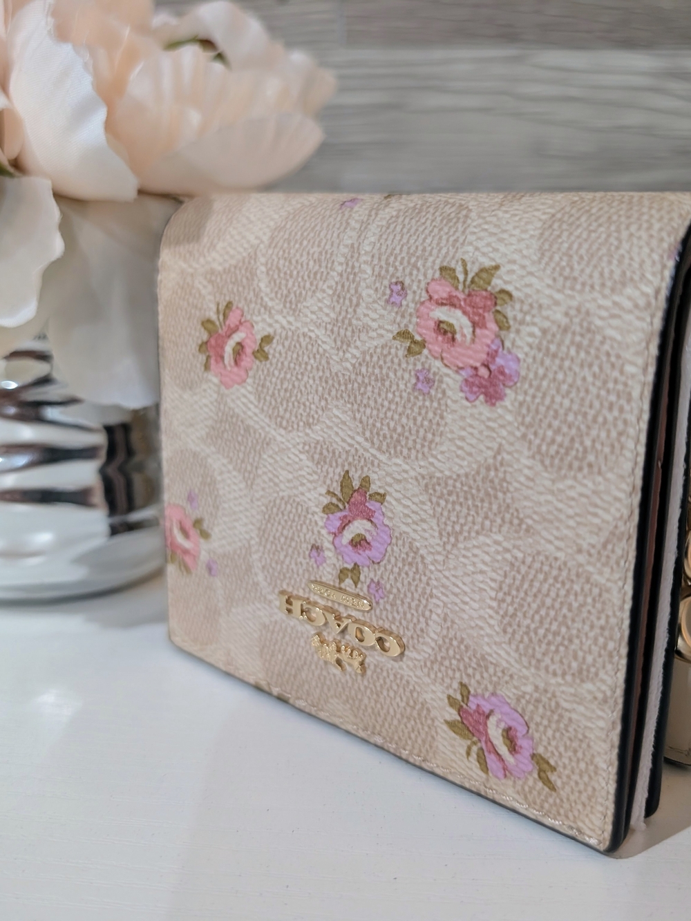 Coach Beige Floral Signature Compact Wallet with Pink Accents